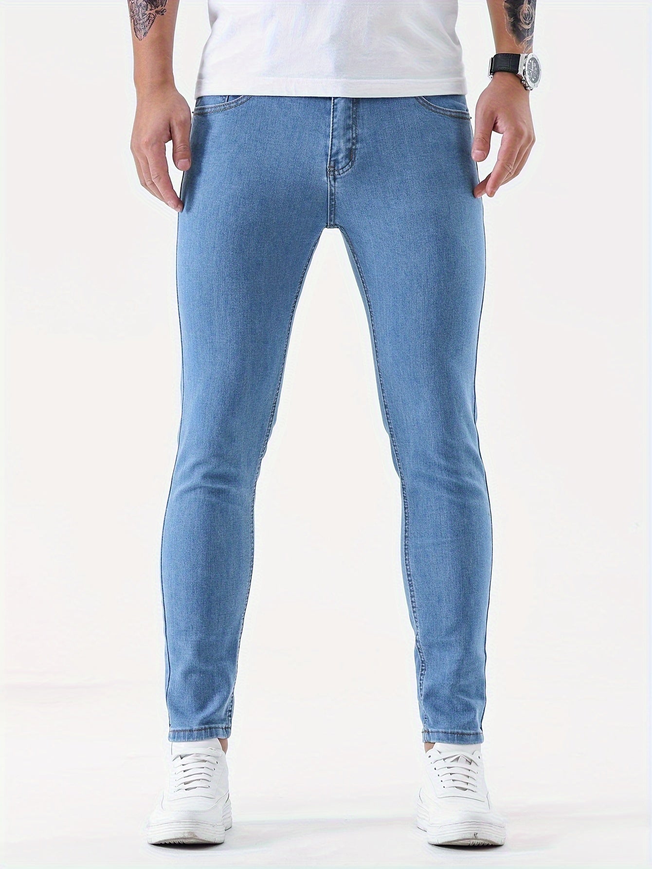 Mid Stretch Slim Fit Jeans, Men's Casual Street Style Contrast Stitching Denim Pants For Spring Summer - Snug & Style