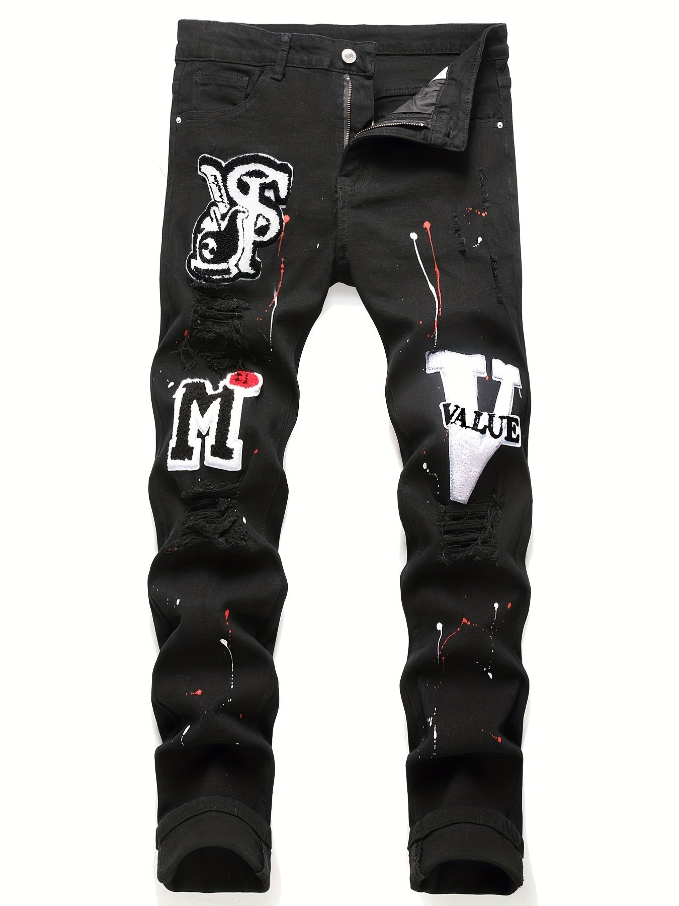 Mens Fashion Patchwork Splatter Jeans - Distressed Slim Fit High Stretch Denim Pants - Trendy Street Style for Spring Summer - Snug & Style