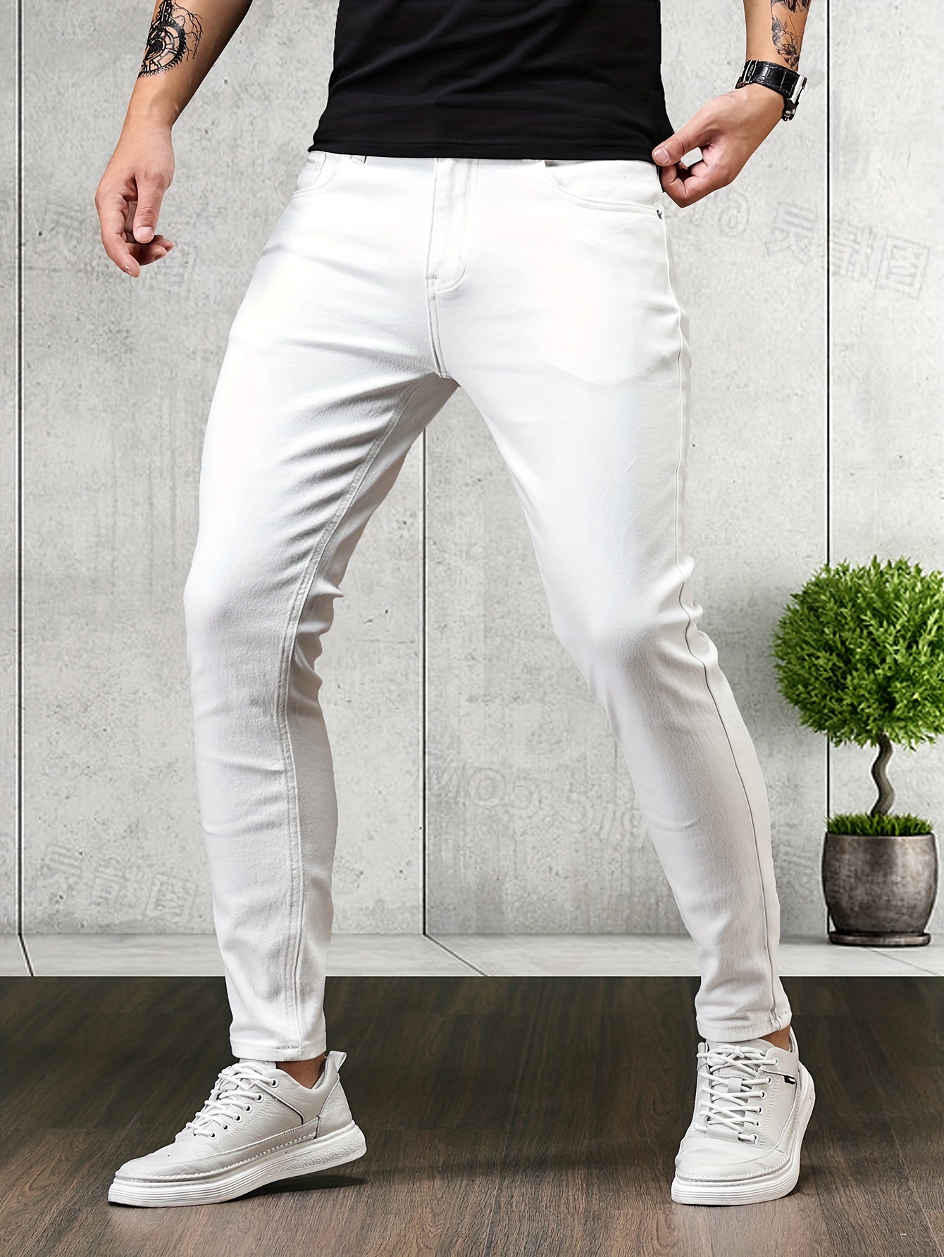 Mid Stretch Slim Fit Jeans, Men's Casual Street Style Contrast Stitching Denim Pants For Spring Summer - Snug & Style