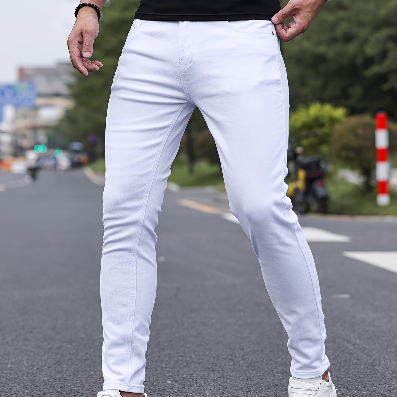 Mid Stretch Slim Fit Jeans, Men's Casual Street Style Contrast Stitching Denim Pants For Spring Summer - Snug & Style