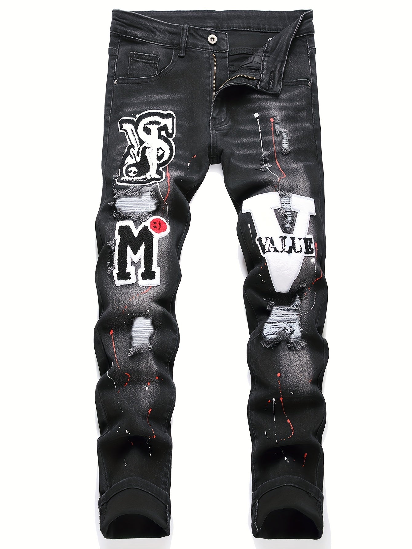 Mens Fashion Patchwork Splatter Jeans - Distressed Slim Fit High Stretch Denim Pants - Trendy Street Style for Spring Summer - Snug & Style