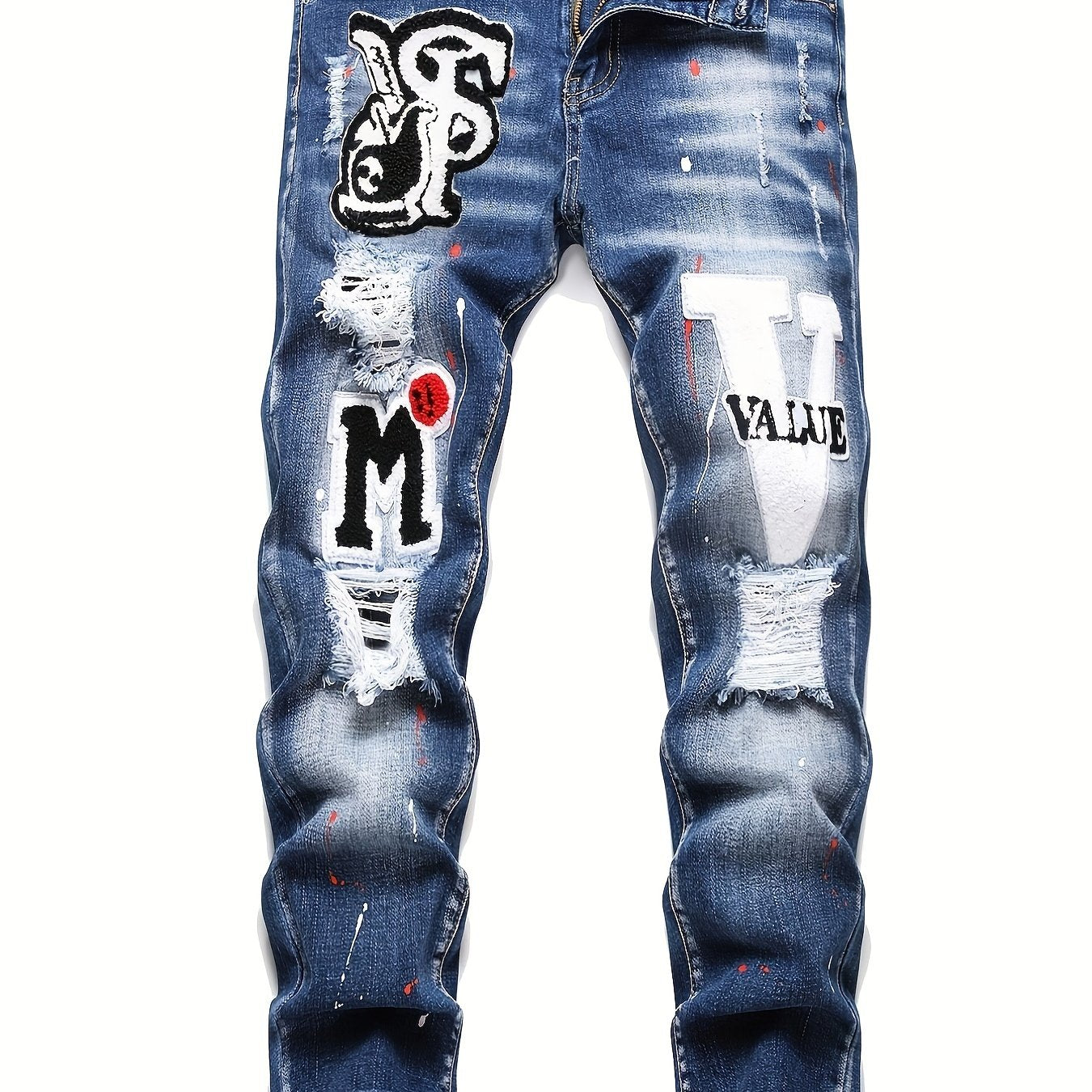 Mens Fashion Patchwork Splatter Jeans - Distressed Slim Fit High Stretch Denim Pants - Trendy Street Style for Spring Summer - Snug & Style