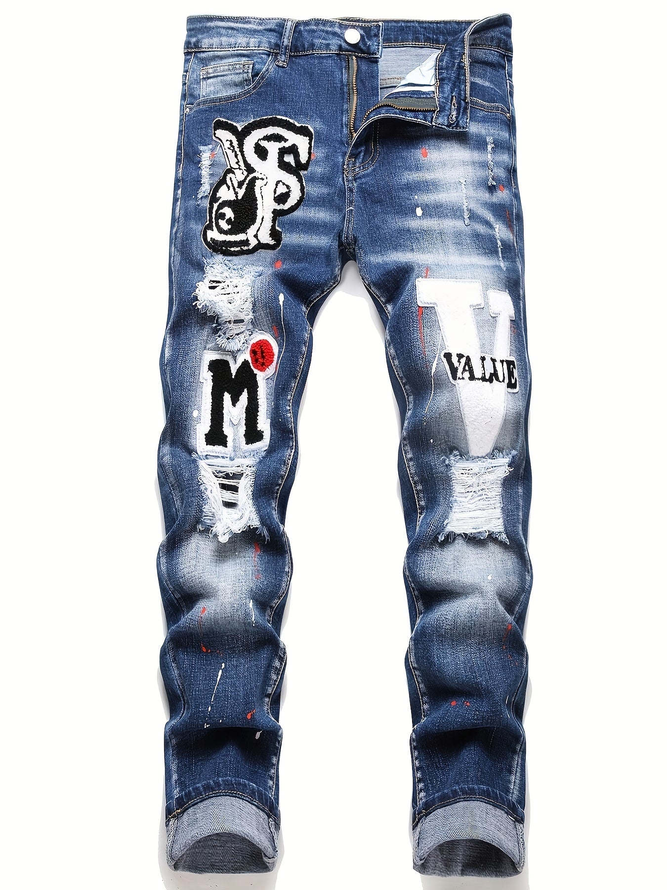 Mens Fashion Patchwork Splatter Jeans - Distressed Slim Fit High Stretch Denim Pants - Trendy Street Style for Spring Summer - Snug & Style