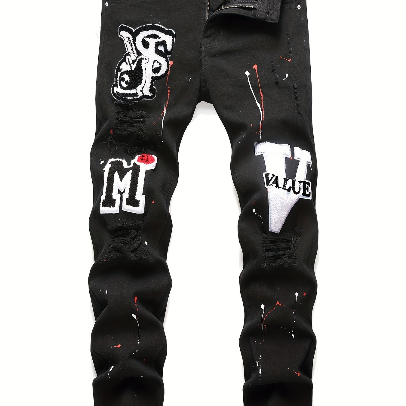 Mens Fashion Patchwork Splatter Jeans - Distressed Slim Fit High Stretch Denim Pants - Trendy Street Style for Spring Summer - Snug & Style