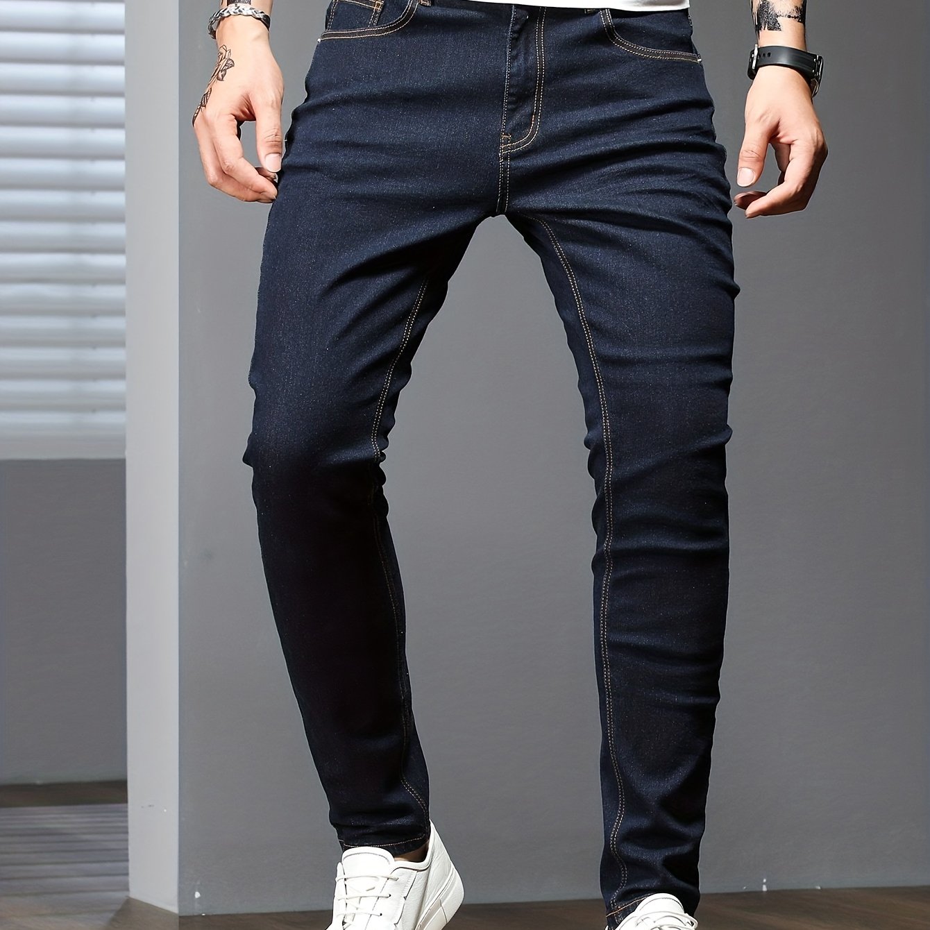 Mid Stretch Slim Fit Jeans, Men's Casual Street Style Contrast Stitching Denim Pants For Spring Summer - Snug & Style