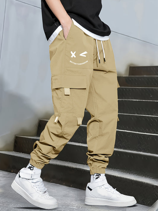 Mens Fashion-Forward Solid Cargo Pants - Abundant Flap Pockets, Loose Fit Drawstring Trousers - Durable Outdoor Work to Streetwear Hip Hop Style - Snug & Style