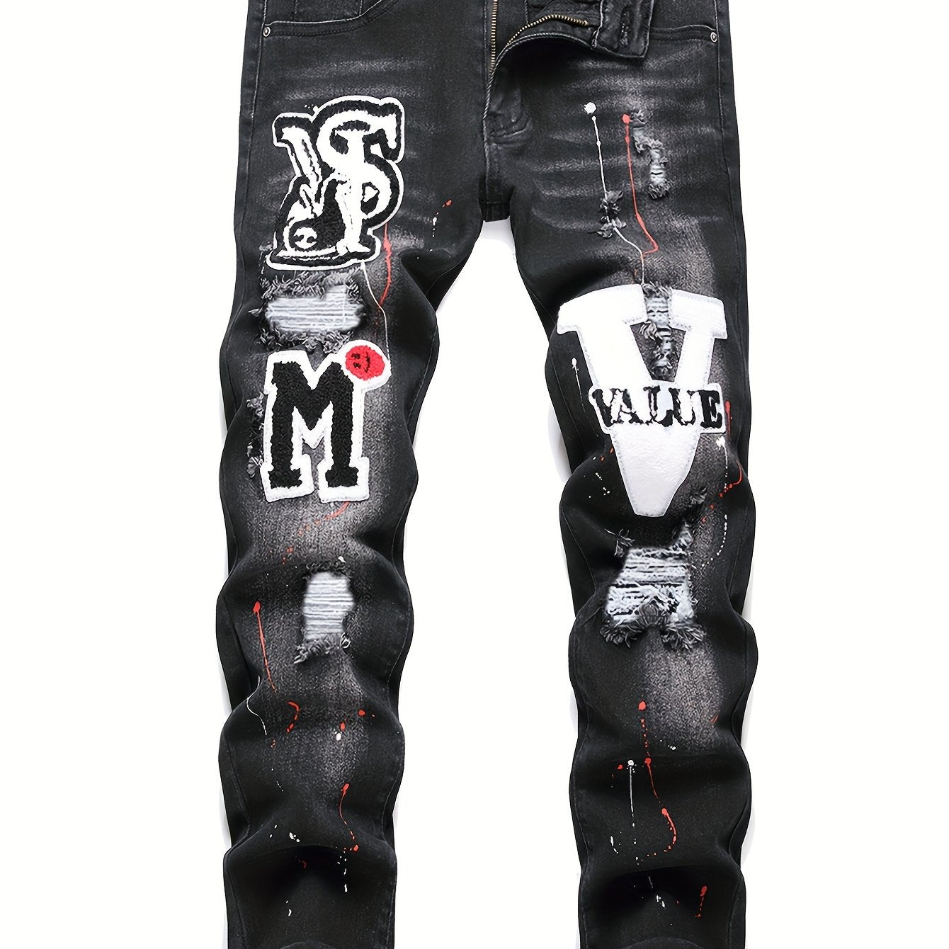 Mens Fashion Patchwork Splatter Jeans - Distressed Slim Fit High Stretch Denim Pants - Trendy Street Style for Spring Summer - Snug & Style