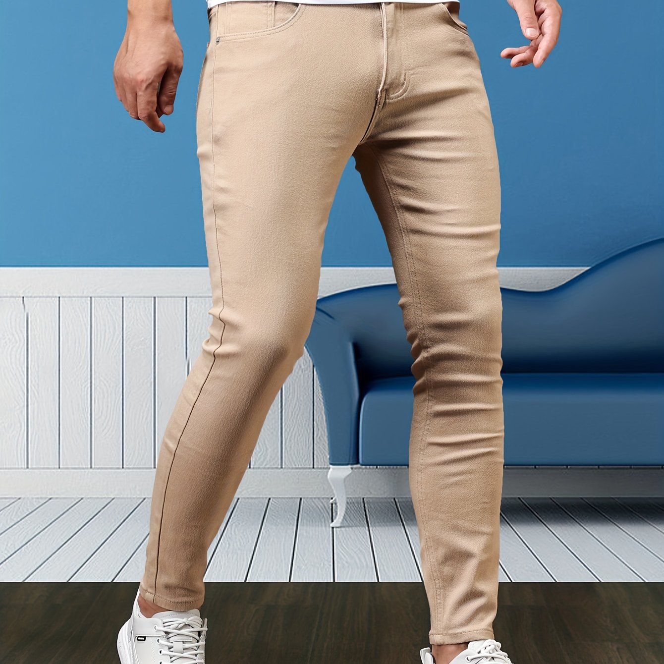 Mid Stretch Slim Fit Jeans, Men's Casual Street Style Contrast Stitching Denim Pants For Spring Summer - Snug & Style