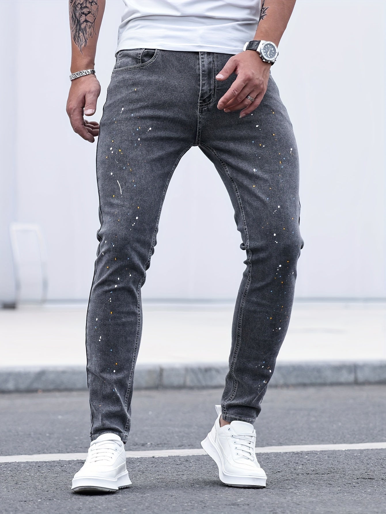 Mid Stretch Slim Fit Jeans, Men's Casual Street Style Contrast Stitching Denim Pants For Spring Summer - Snug & Style