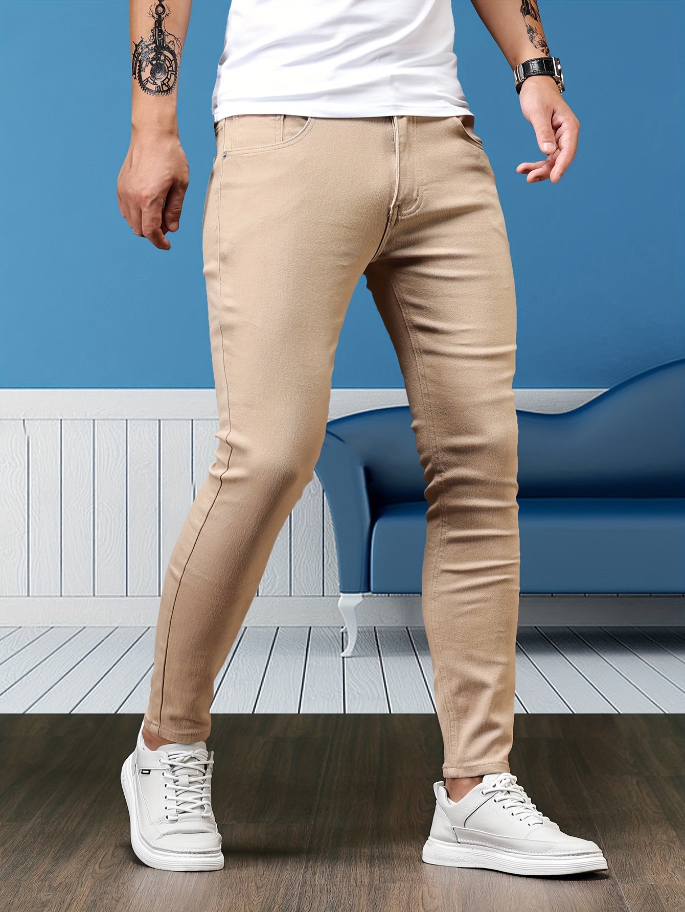 Mid Stretch Slim Fit Jeans, Men's Casual Street Style Contrast Stitching Denim Pants For Spring Summer - Snug & Style