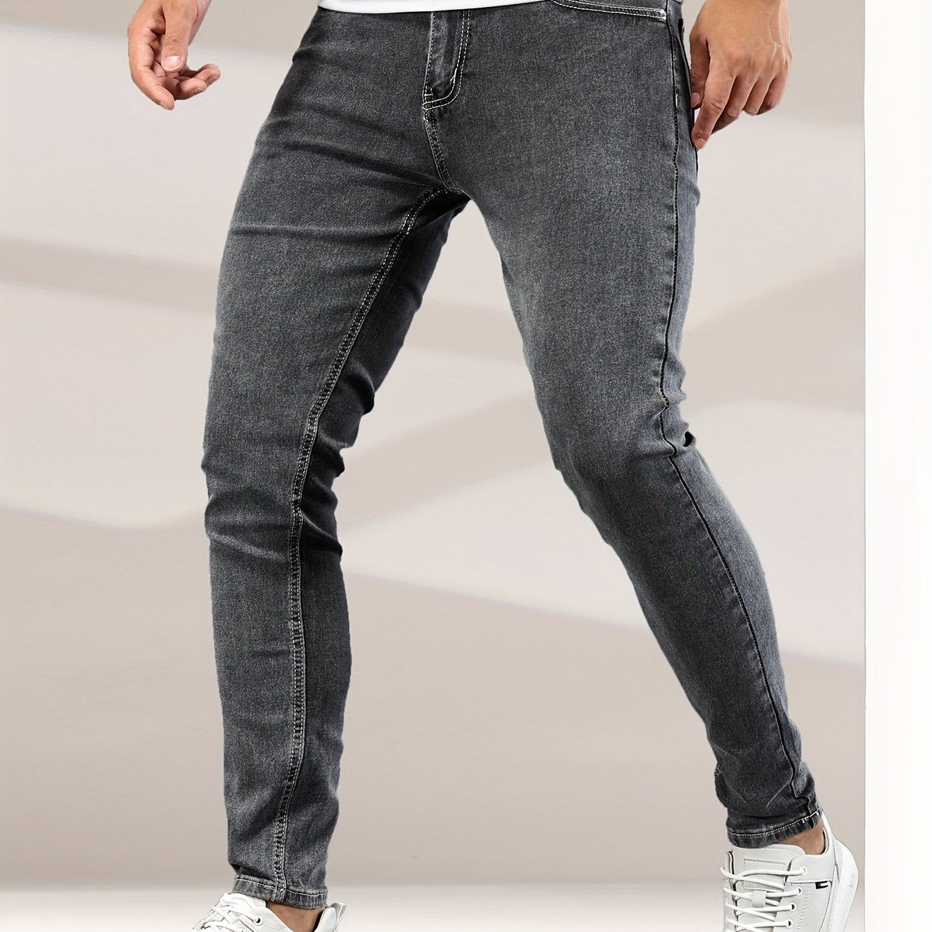 Mid Stretch Slim Fit Jeans, Men's Casual Street Style Contrast Stitching Denim Pants For Spring Summer - Snug & Style