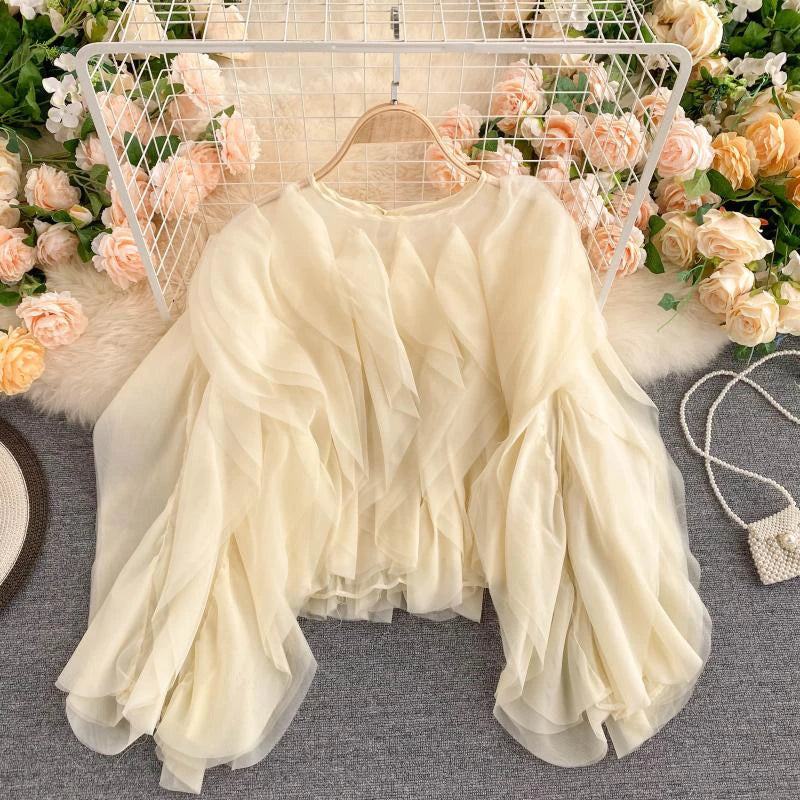 CHICEVER Elegant Shirts For Women O Neck Lantern Long Sleeve Asymmetrical Patchwork Ruffles Mesh Plus Size Blouses Female 2022 - Snug & Style