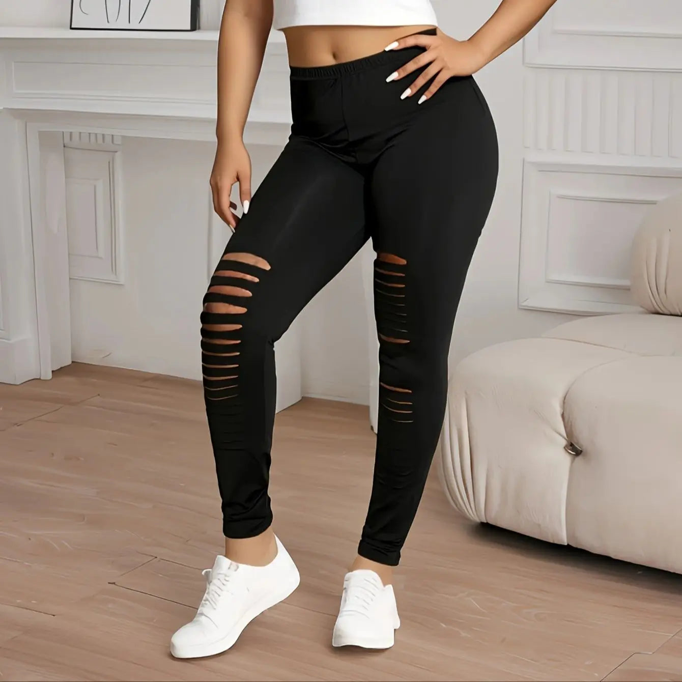 New Fashion Black Irregular Ripped Leggings Black High Stretch Tights Personality Solid Color Nine-point Pants Plus Size Women - Snug & Style
