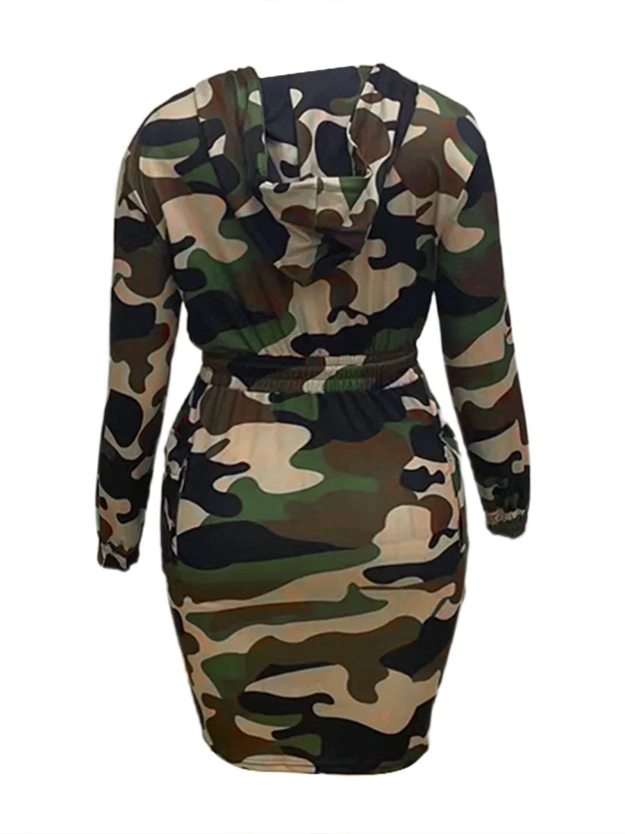 LW Plus Size Camo Print Side Pocket Design Cargo Dress 2023 Women Autumn & Winter Hooded Collar Full Print Knee Length Dresses - Snug & Style