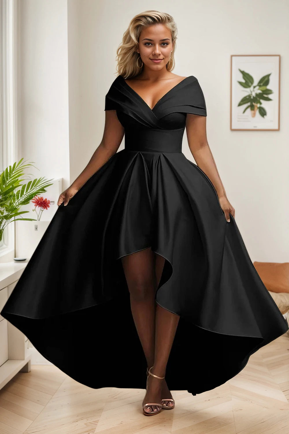 Elegant Party Club Evening Dress for Women Irregular Hem Pleated A-Line Solid Sexy V-Neck High Waist Plus Size Long Dresses - Snug & Style