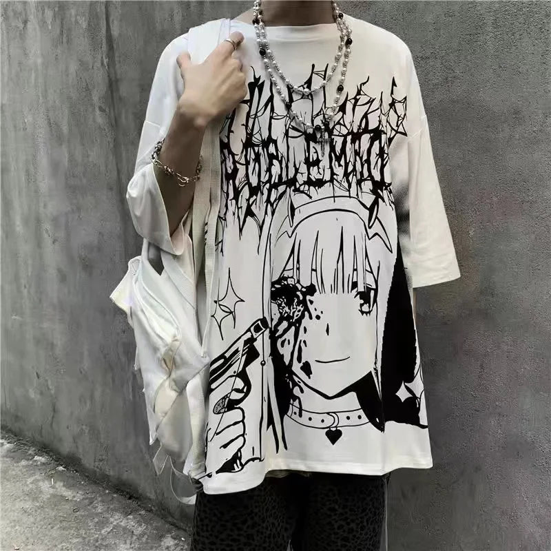 Men T-shirts 2023 Summer Streetwear High Street Gothic Skull Tshirt Loose Oversized Short-sleeved T shirt Dark Anime Men Y2k Top - Snug & Style