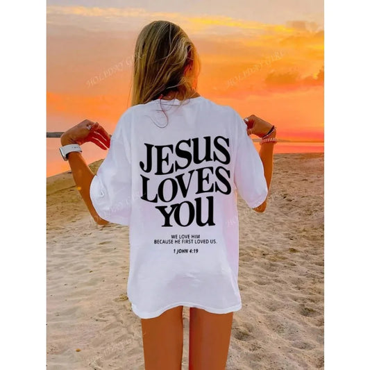 Jesus Loves You Slogan Graphic Strapless T-shirt Summer Models Y2k Personalised Sleeve O Neck T-shirt Loose Plus Size Tops - Snug & Style