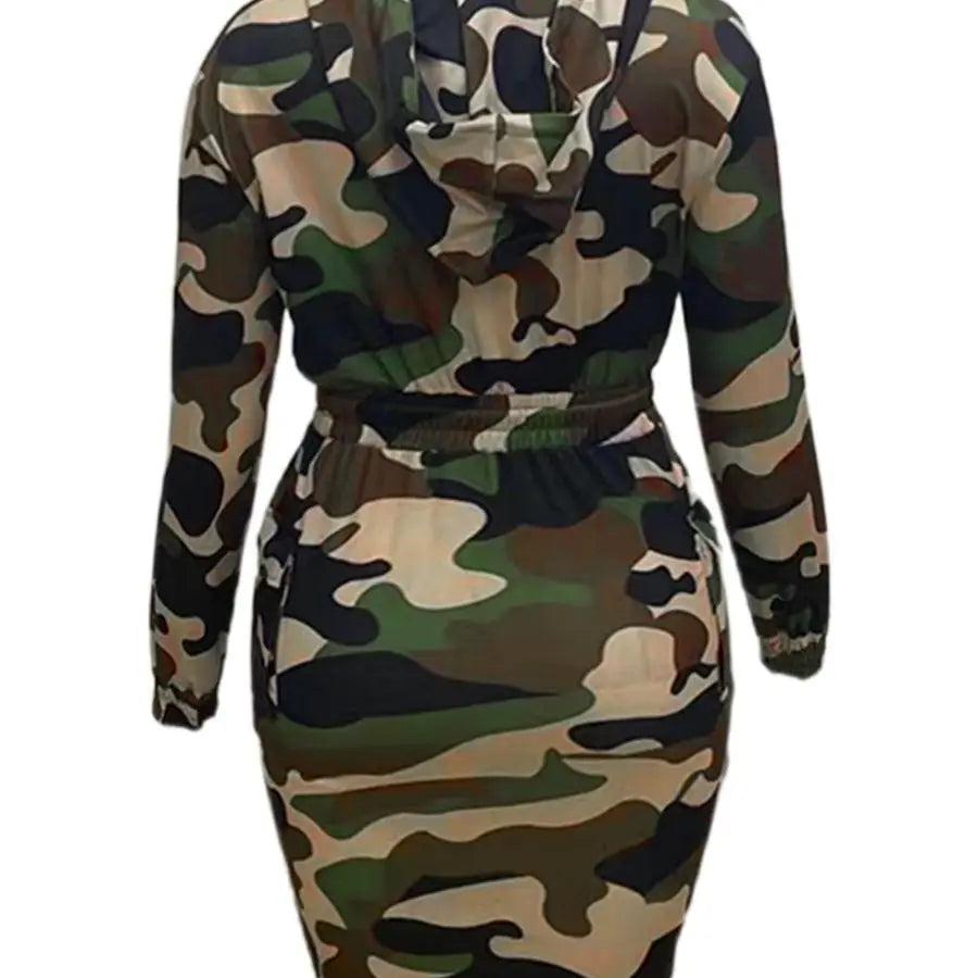 LW Plus Size Camo Print Side Pocket Design Cargo Dress 2023 Women Autumn & Winter Hooded Collar Full Print Knee Length Dresses - Snug & Style