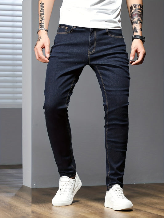 Mid Stretch Slim Fit Jeans, Men's Casual Street Style Contrast Stitching Denim Pants For Spring Summer - Snug & Style