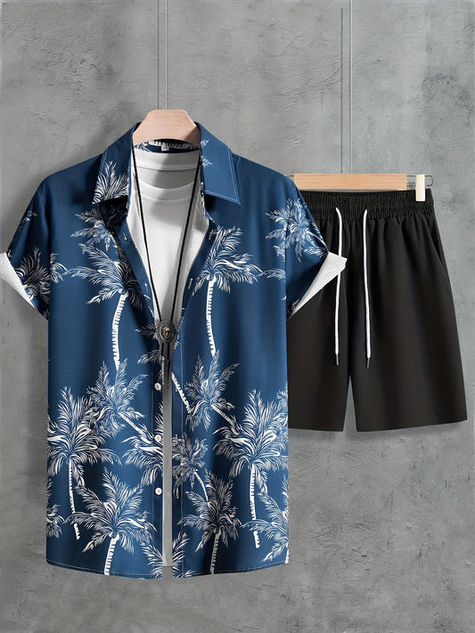 Coconut Tree Print, Men's 2Pcs Outfits, Casual Camp Collar Lapel Button Up Short Sleeve Shirts Hawaii Shirt And Drawstring Shorts Set For Summer, Men's Clothing - Snug & Style