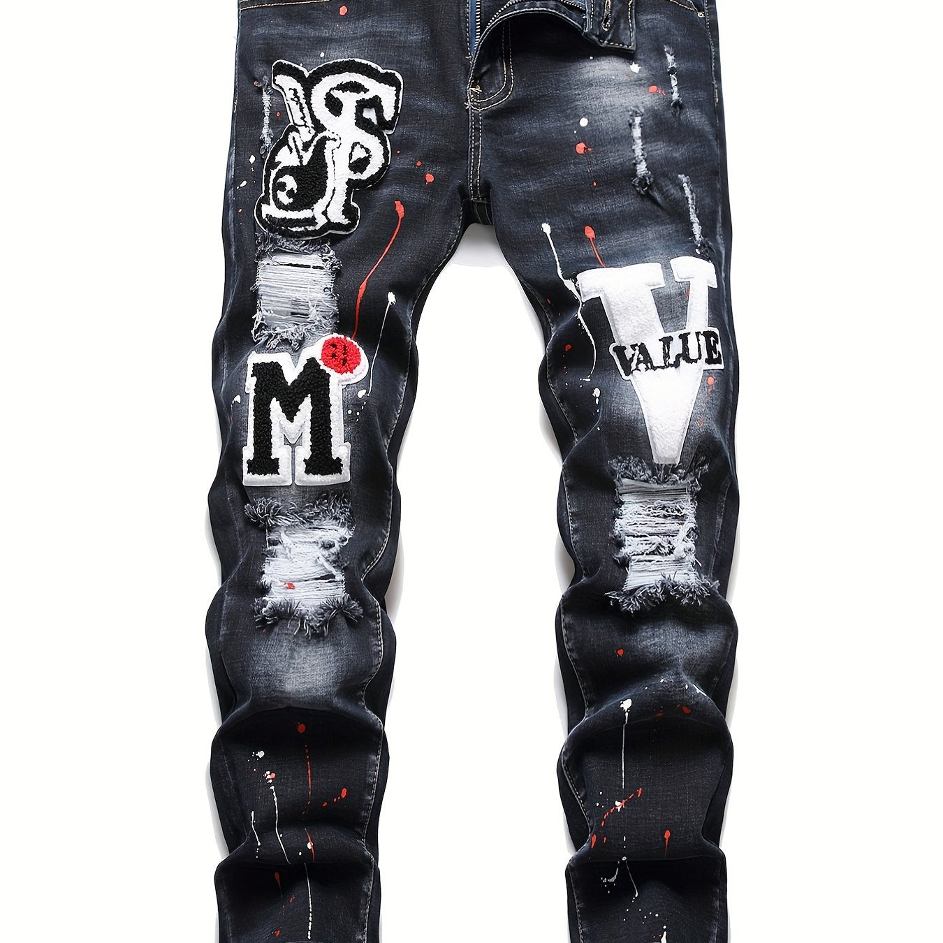 Mens Fashion Patchwork Splatter Jeans - Distressed Slim Fit High Stretch Denim Pants - Trendy Street Style for Spring Summer - Snug & Style