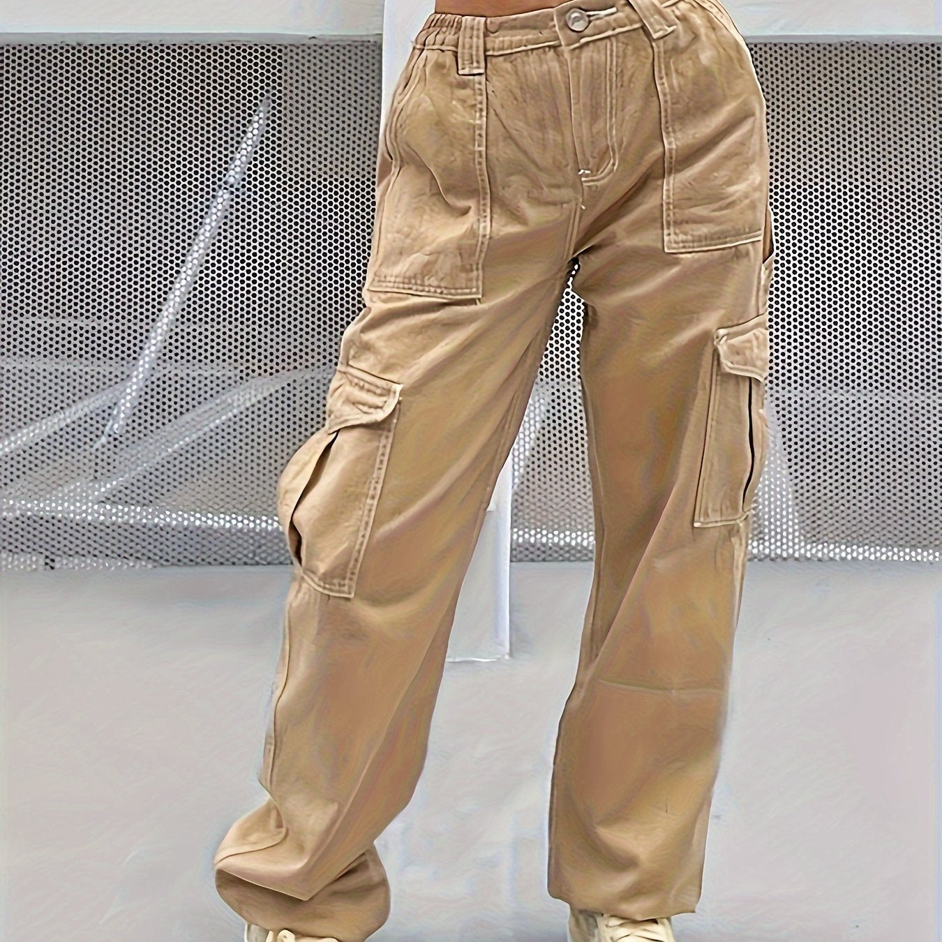 Y2K Vintage & Kpop Bootcut Cargo Pants for Women - All-Season, Cotton Blend, Street Style with Square Pockets & Washed Detail Khaki - Snug & Style
