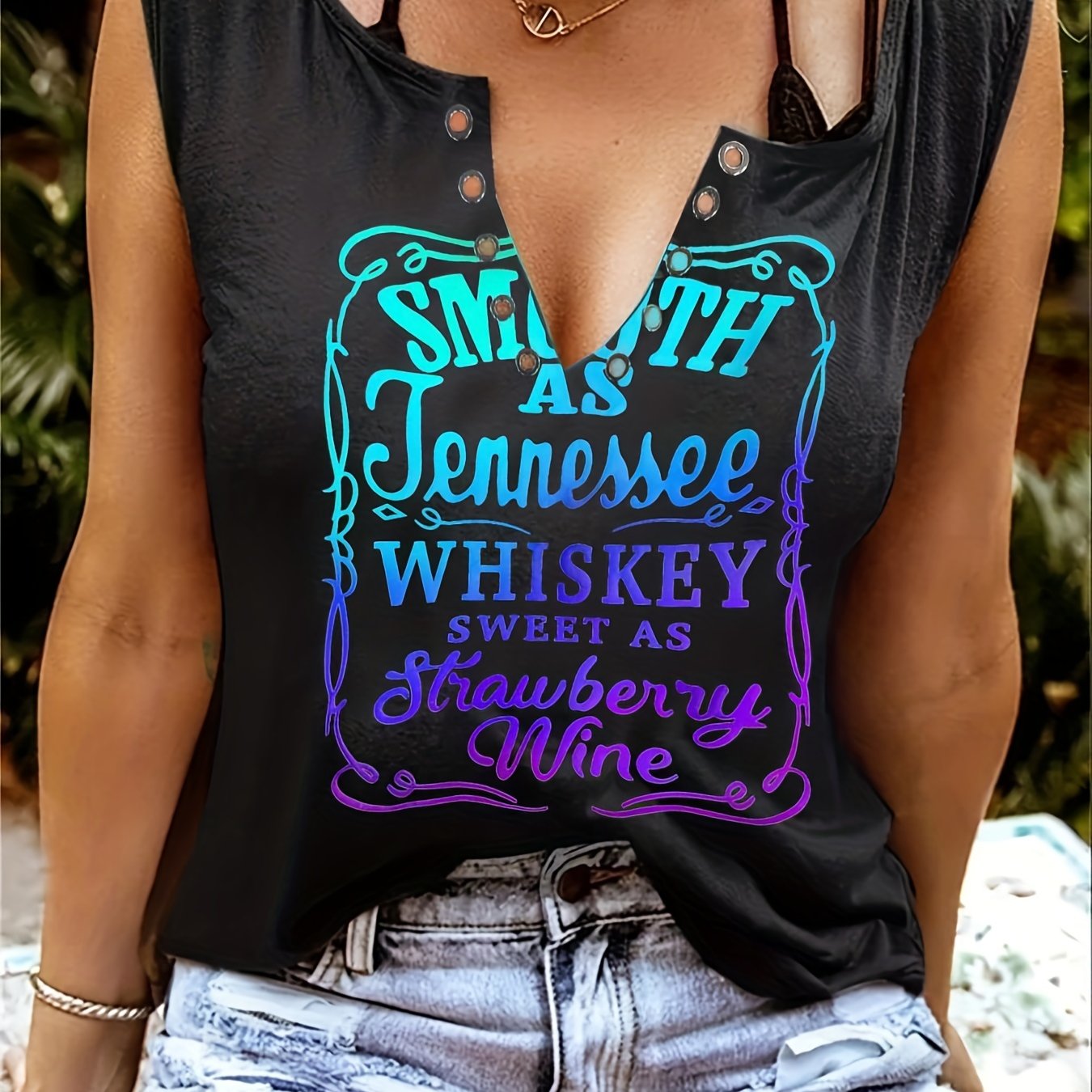 Smooth As Tennessee Whiskey, Sweet As Strawberry Wine" Women's Sleeveless V-Neck Tank Top - Casual, Machine Washable, Polyester Blend with Ring Detail - Perfect for Country Music Nights, Country Music T Shirts - Snug & Style
