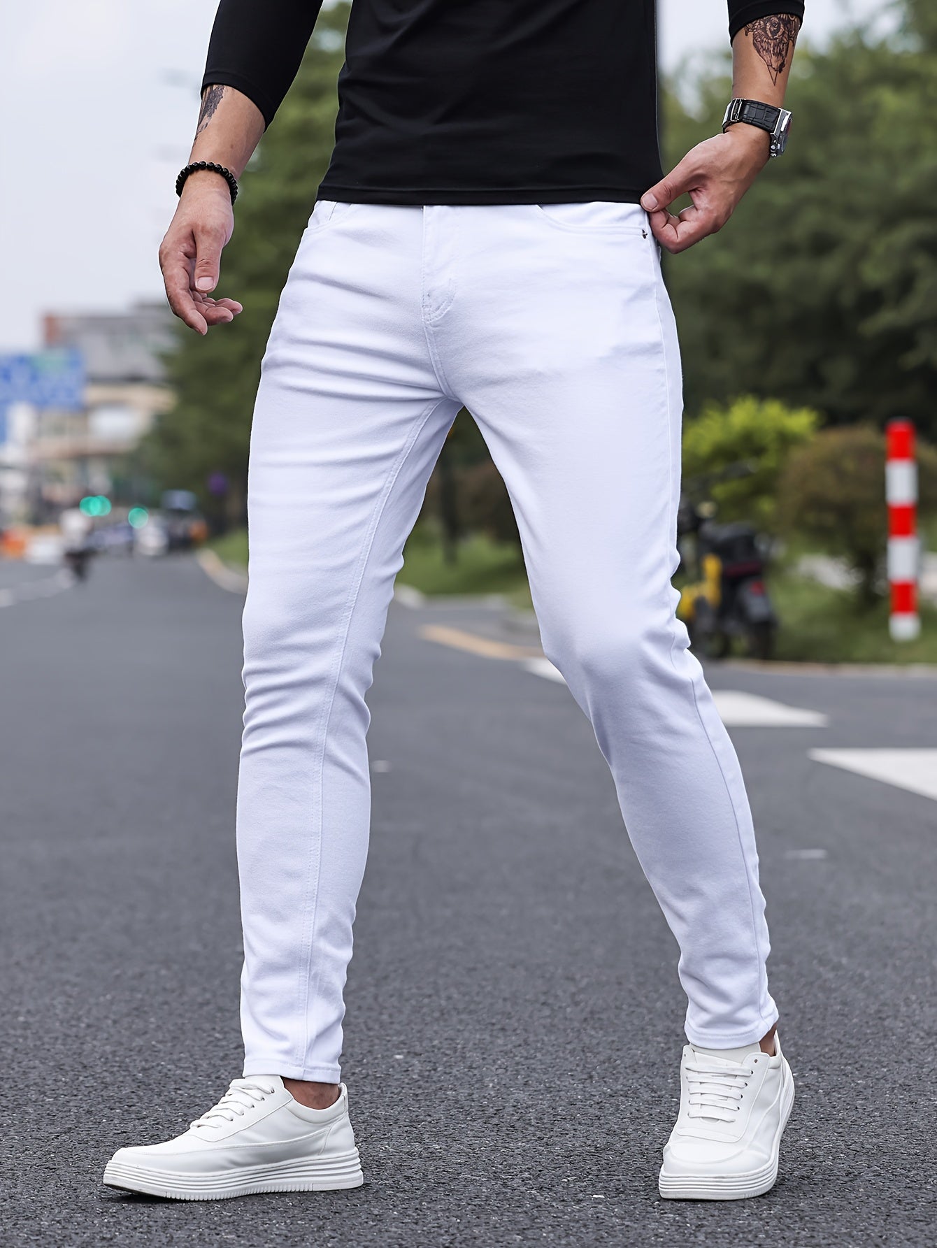 Mid Stretch Slim Fit Jeans, Men's Casual Street Style Contrast Stitching Denim Pants For Spring Summer - Snug & Style