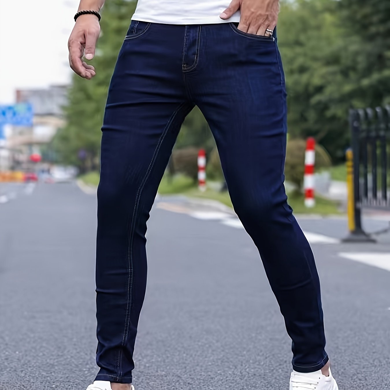 Mid Stretch Slim Fit Jeans, Men's Casual Street Style Contrast Stitching Denim Pants For Spring Summer - Snug & Style