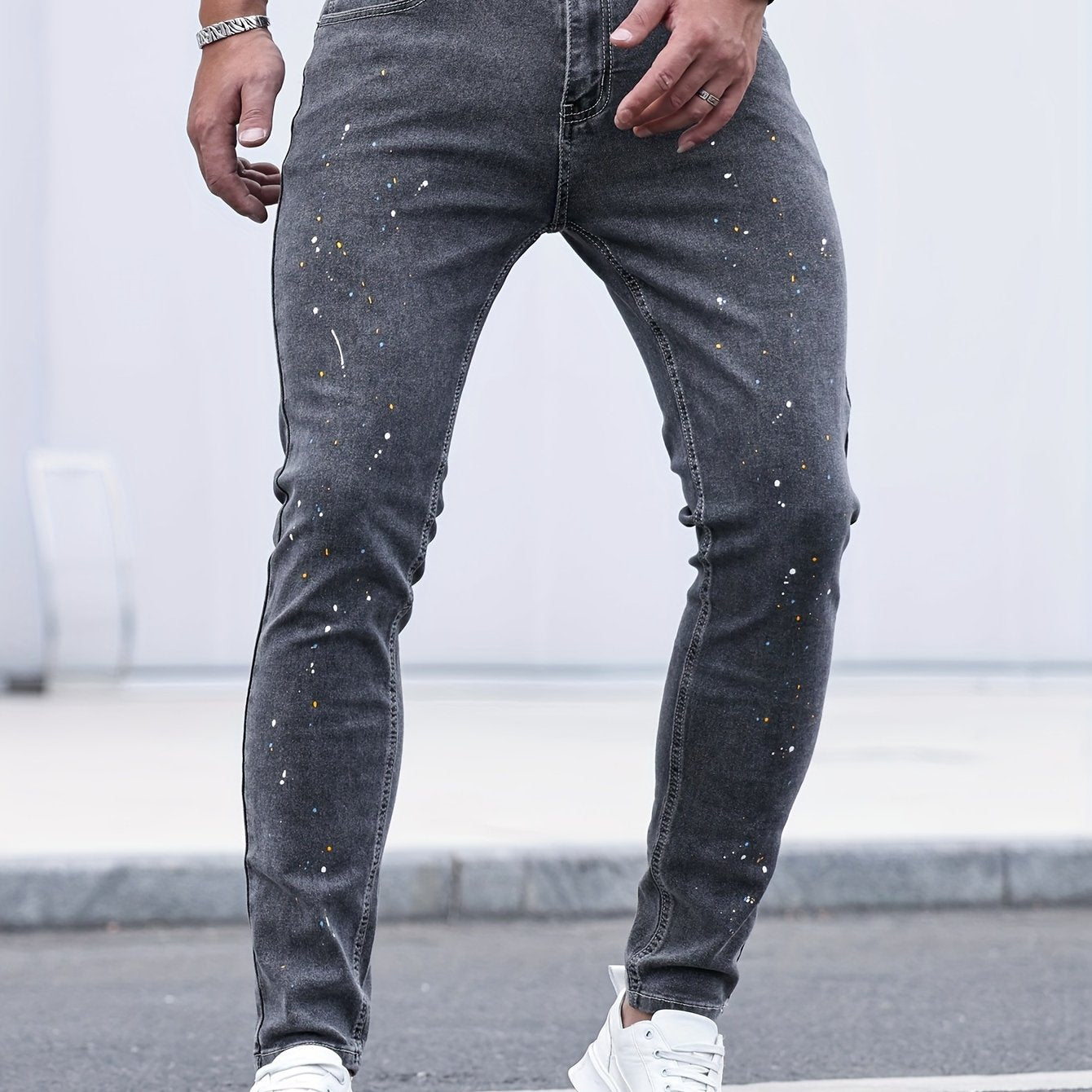 Mid Stretch Slim Fit Jeans, Men's Casual Street Style Contrast Stitching Denim Pants For Spring Summer - Snug & Style