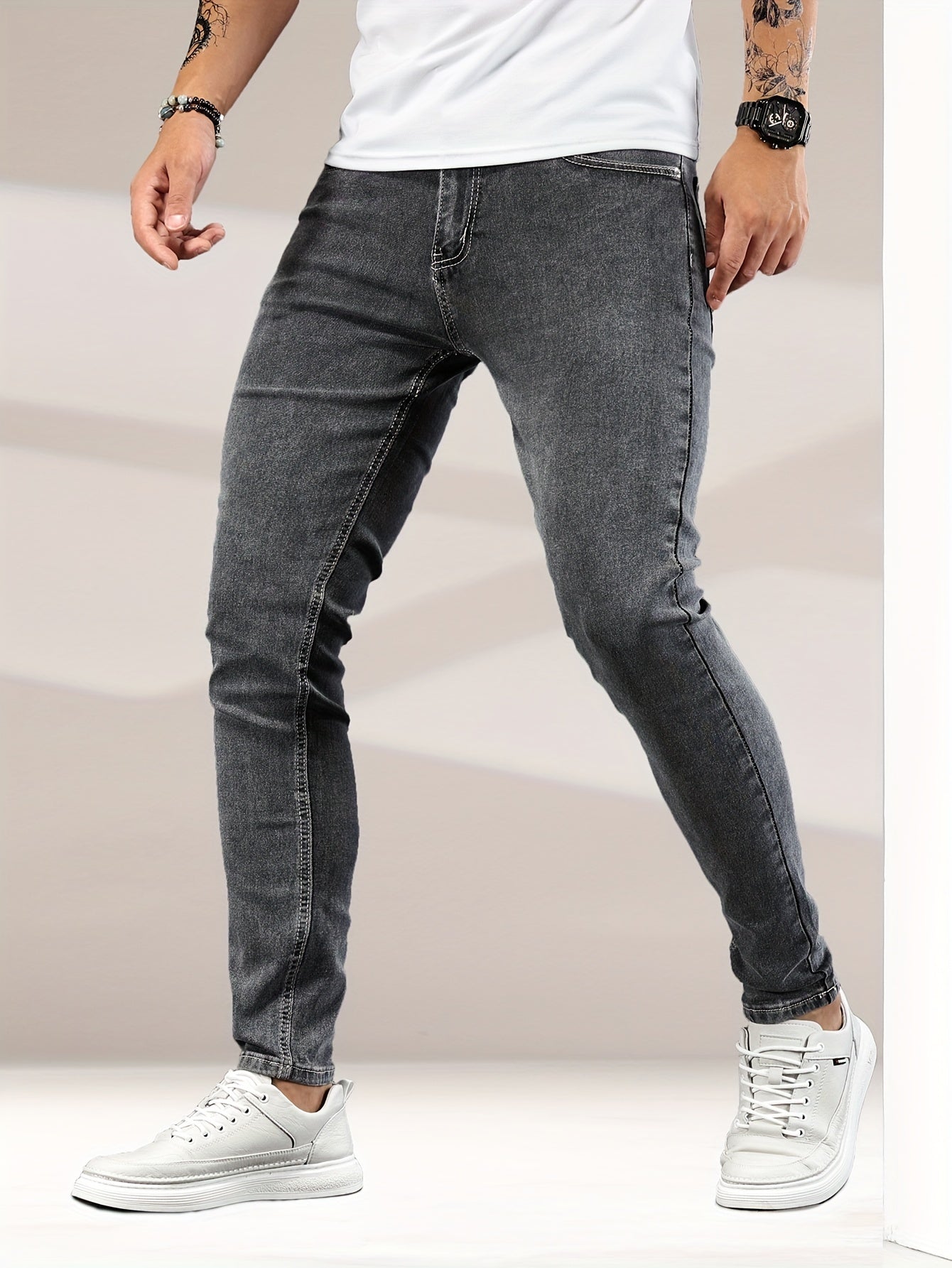 Mid Stretch Slim Fit Jeans, Men's Casual Street Style Contrast Stitching Denim Pants For Spring Summer - Snug & Style