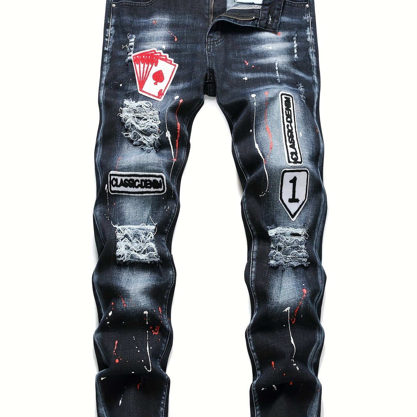 Mens Fashion Patchwork Splatter Jeans - Distressed Slim Fit High Stretch Denim Pants - Trendy Street Style for Spring Summer - Snug & Style