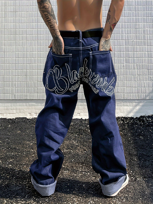 Y2k Letter Print Wide Leg Loose Fit Jeans, Men's Casual Slightly Stretch Street Style Multi Pocket Baggy Denim Pants For Spring Summer - Snug & Style