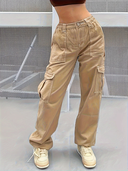 Y2K Vintage & Kpop Bootcut Cargo Pants for Women - All-Season, Cotton Blend, Street Style with Square Pockets & Washed Detail Khaki - Snug & Style