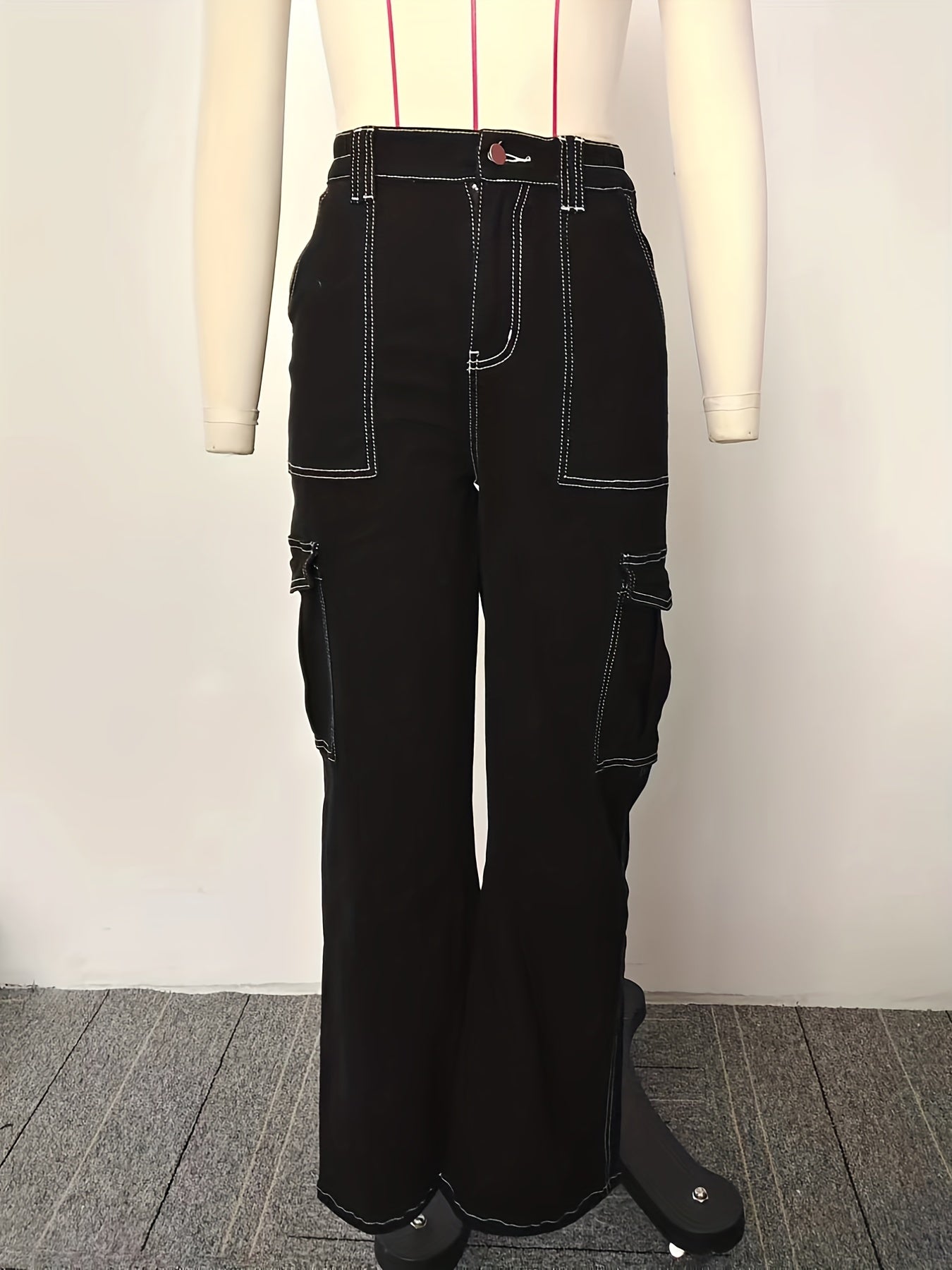 Y2K Vintage & Kpop Bootcut Cargo Pants for Women - All-Season, Cotton Blend, Street Style with Square Pockets & Washed Detail Khaki - Snug & Style