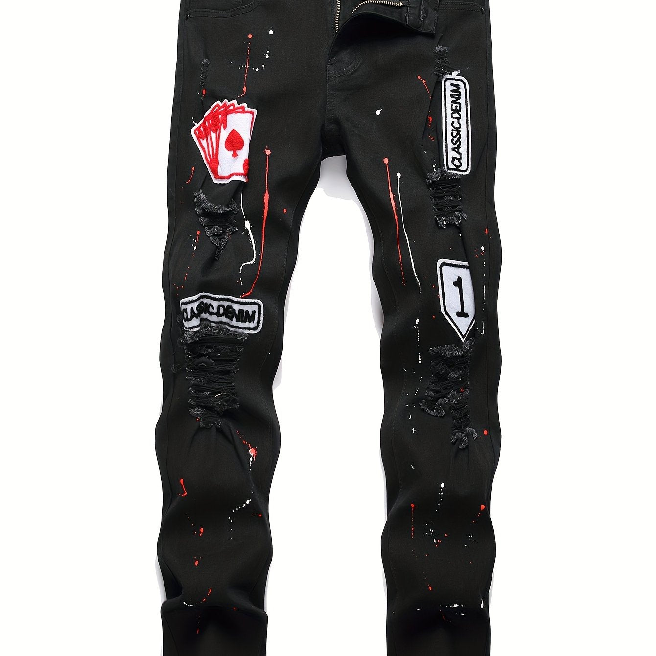 Mens Fashion Patchwork Splatter Jeans - Distressed Slim Fit High Stretch Denim Pants - Trendy Street Style for Spring Summer - Snug & Style