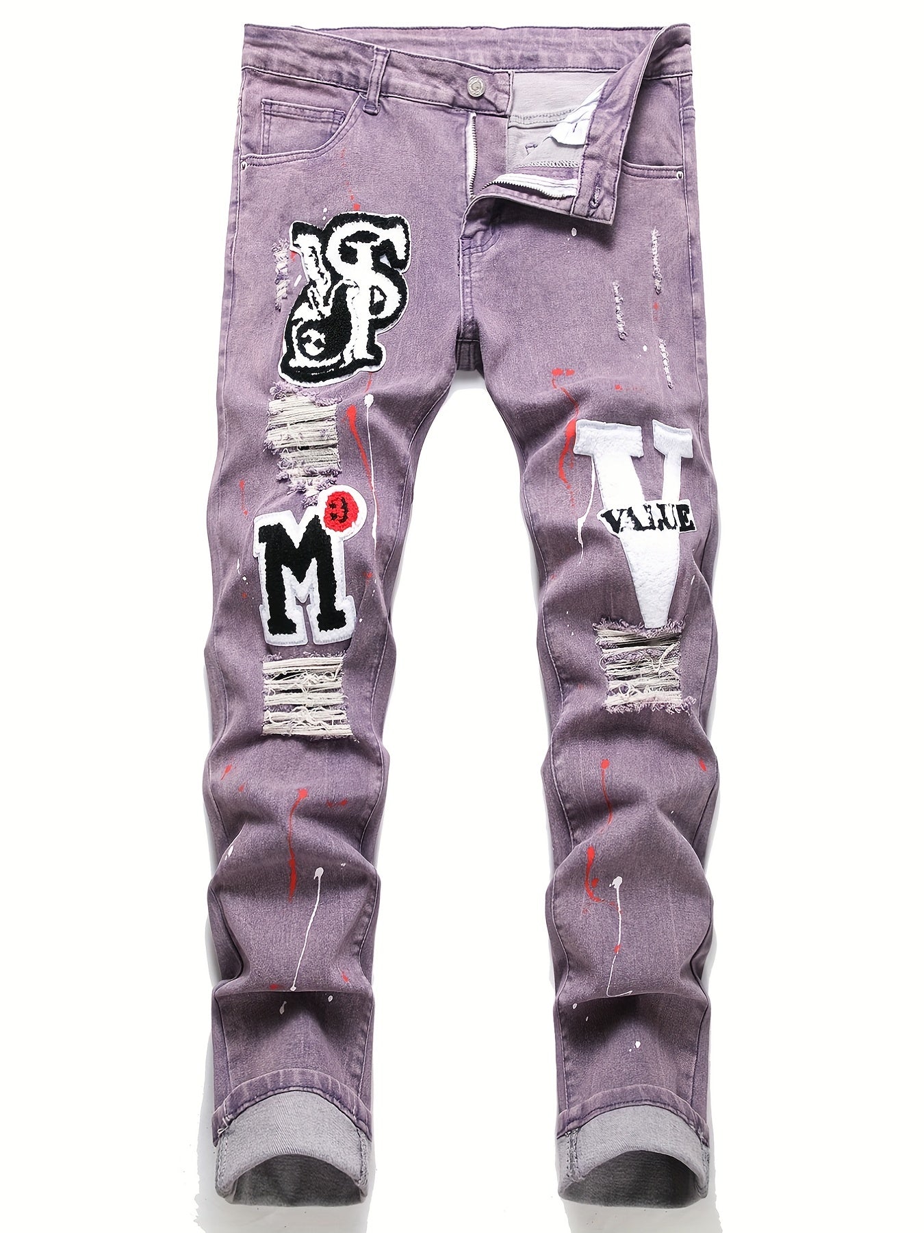 Mens Fashion Patchwork Splatter Jeans - Distressed Slim Fit High Stretch Denim Pants - Trendy Street Style for Spring Summer - Snug & Style