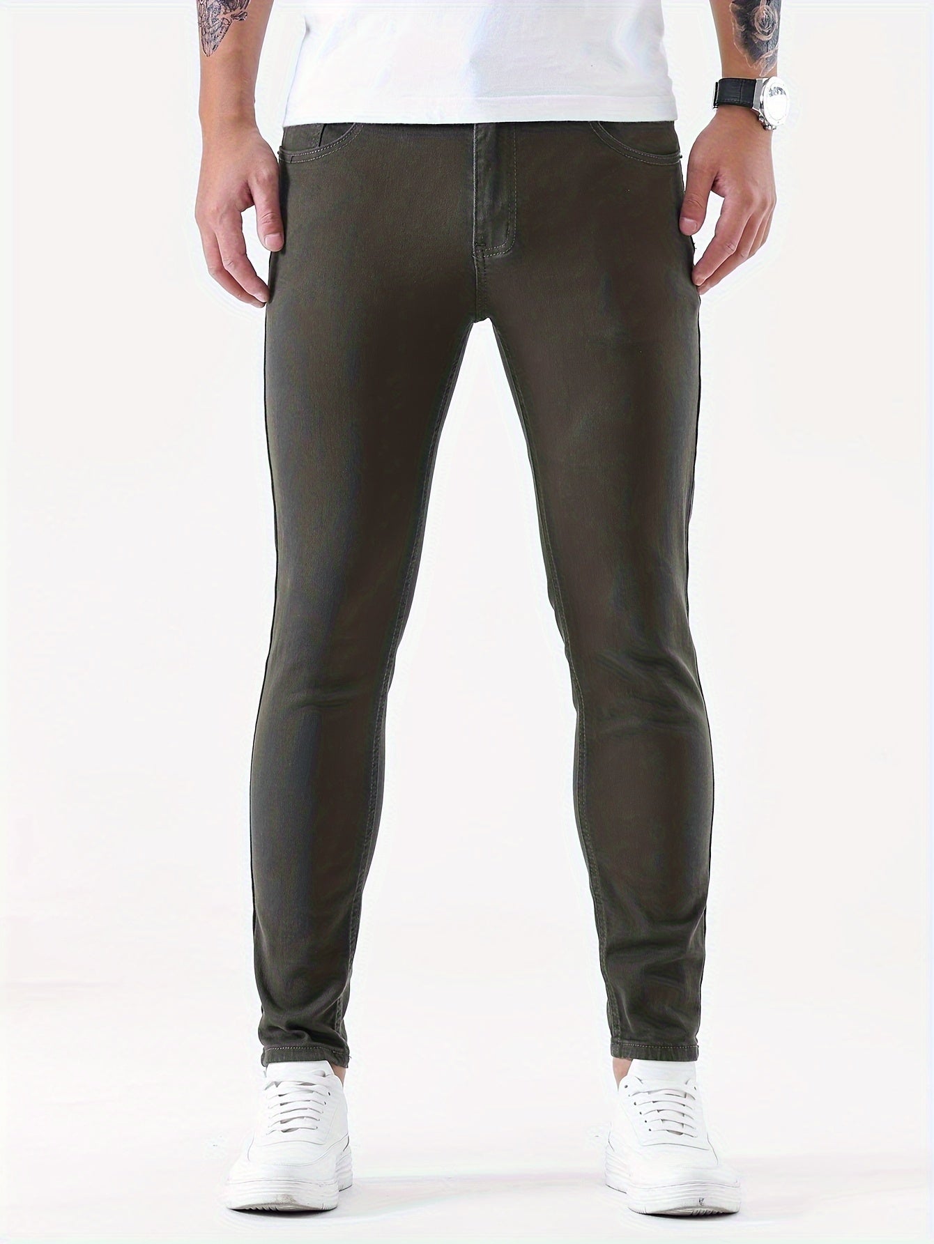 Mid Stretch Slim Fit Jeans, Men's Casual Street Style Contrast Stitching Denim Pants For Spring Summer - Snug & Style