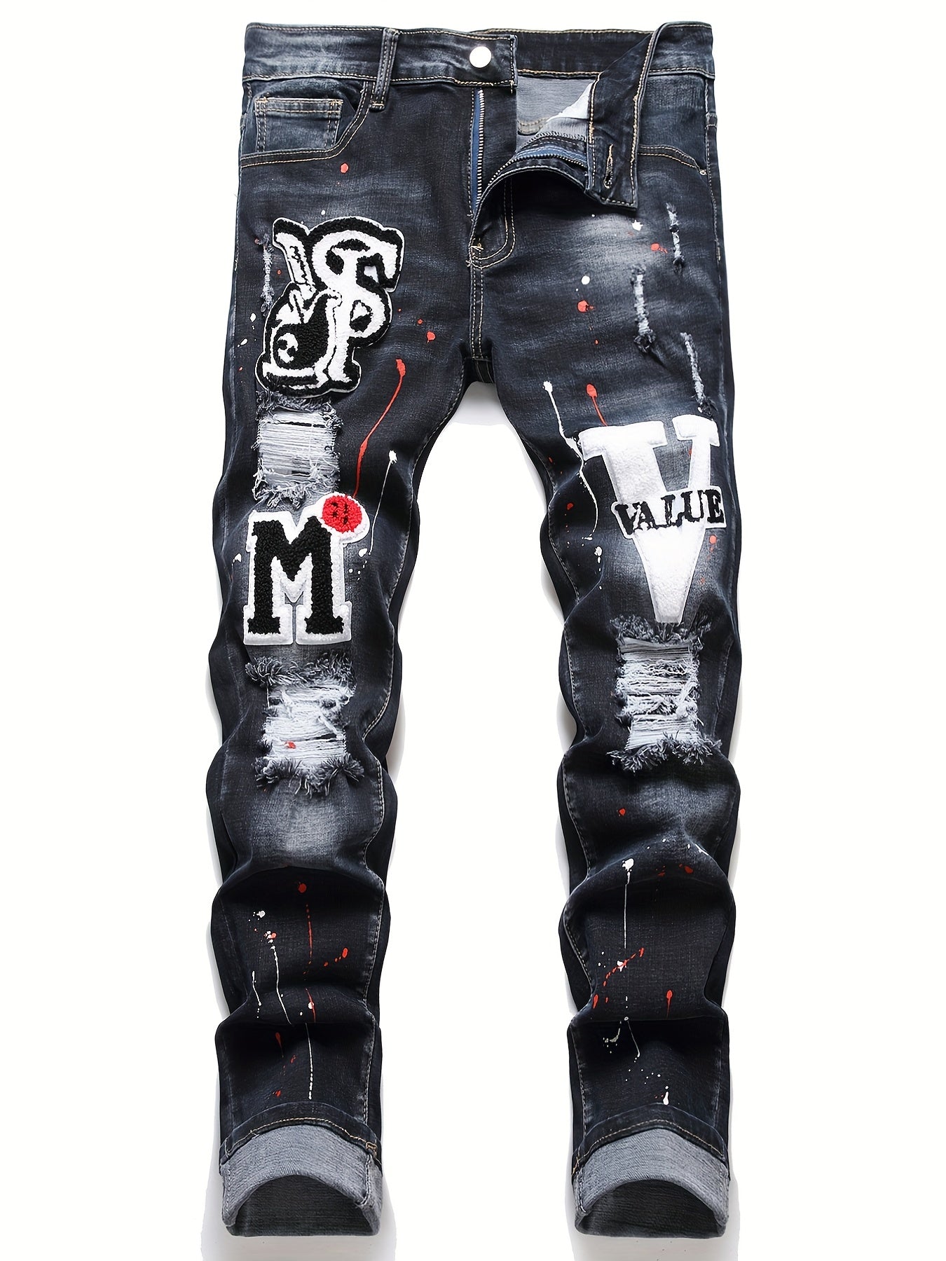 Mens Fashion Patchwork Splatter Jeans - Distressed Slim Fit High Stretch Denim Pants - Trendy Street Style for Spring Summer - Snug & Style