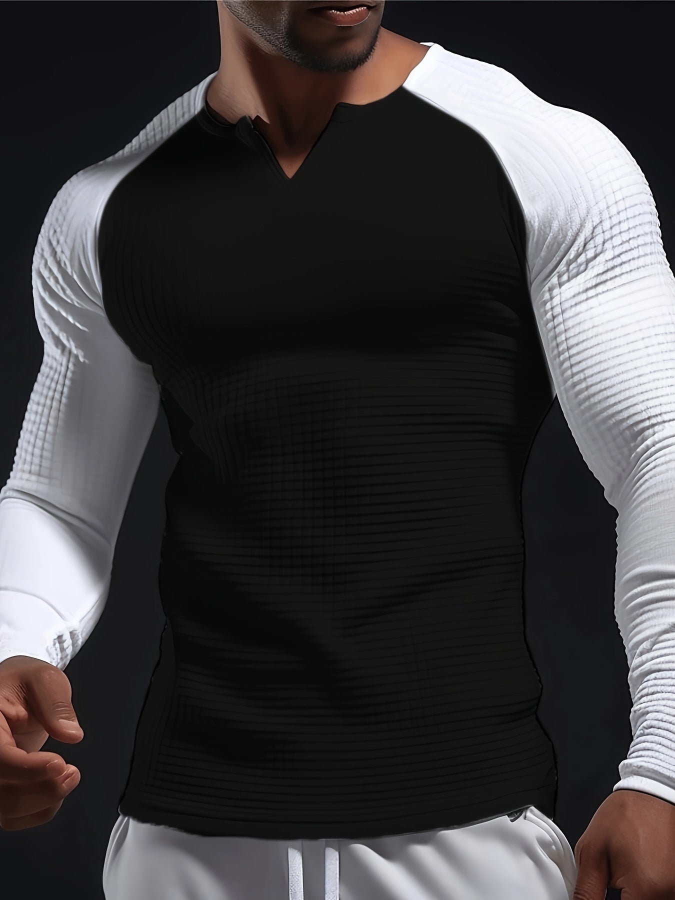 Mens Color Block V-Neck T-Shirt - Long Sleeve Active Wear for All Seasons - Stylish, Comfortable, and Breathable Casual Shirts - Perfect for Spring, Summer, and Autumn - Mens Fashion Tops - Snug & Style