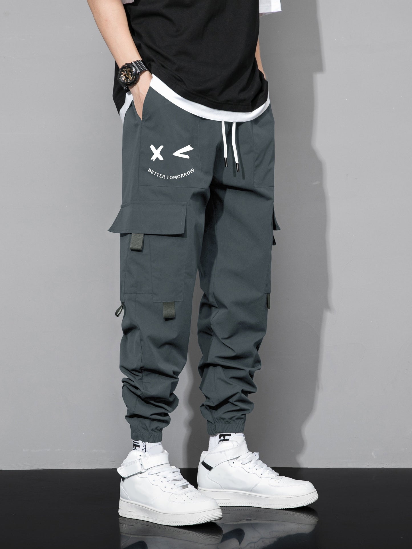 Mens Fashion-Forward Solid Cargo Pants - Abundant Flap Pockets, Loose Fit Drawstring Trousers - Durable Outdoor Work to Streetwear Hip Hop Style - Snug & Style