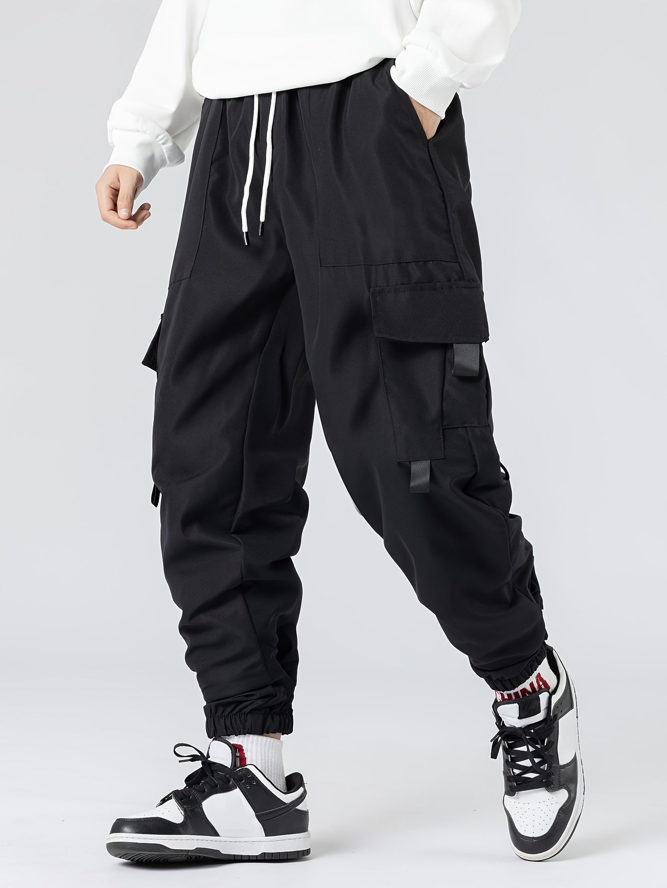 Mens Fashion-Forward Solid Cargo Pants - Abundant Flap Pockets, Loose Fit Drawstring Trousers - Durable Outdoor Work to Streetwear Hip Hop Style - Snug & Style