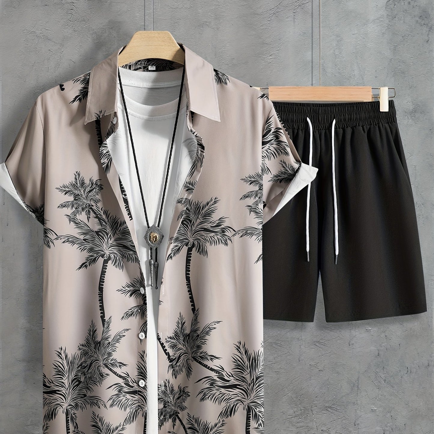 Coconut Tree Print, Men's 2Pcs Outfits, Casual Camp Collar Lapel Button Up Short Sleeve Shirts Hawaii Shirt And Drawstring Shorts Set For Summer, Men's Clothing - Snug & Style