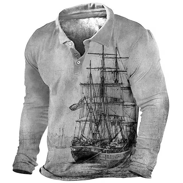 Plus Size Mens Fashion 3D Sailboat Print Lapel Shirt - Oversized Long Sleeve Golf Inspired - Premium Comfort for Spring/Autumn Wear - Trendy Casual Clothing for Males - Snug & Style