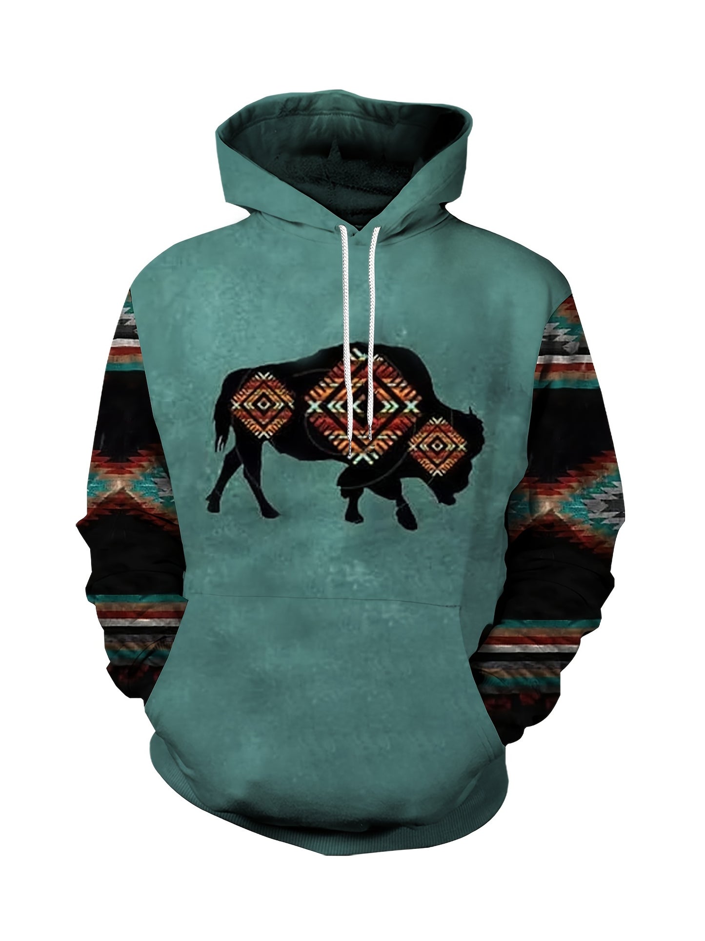 Plus Size Mens Fashion Hoodie with Bold Ethnic Prints & Intricate Bull Skull Design - Warm, Stylish Sweatshirt for Fall Winter - Comfortable Mens Apparel - Snug & Style