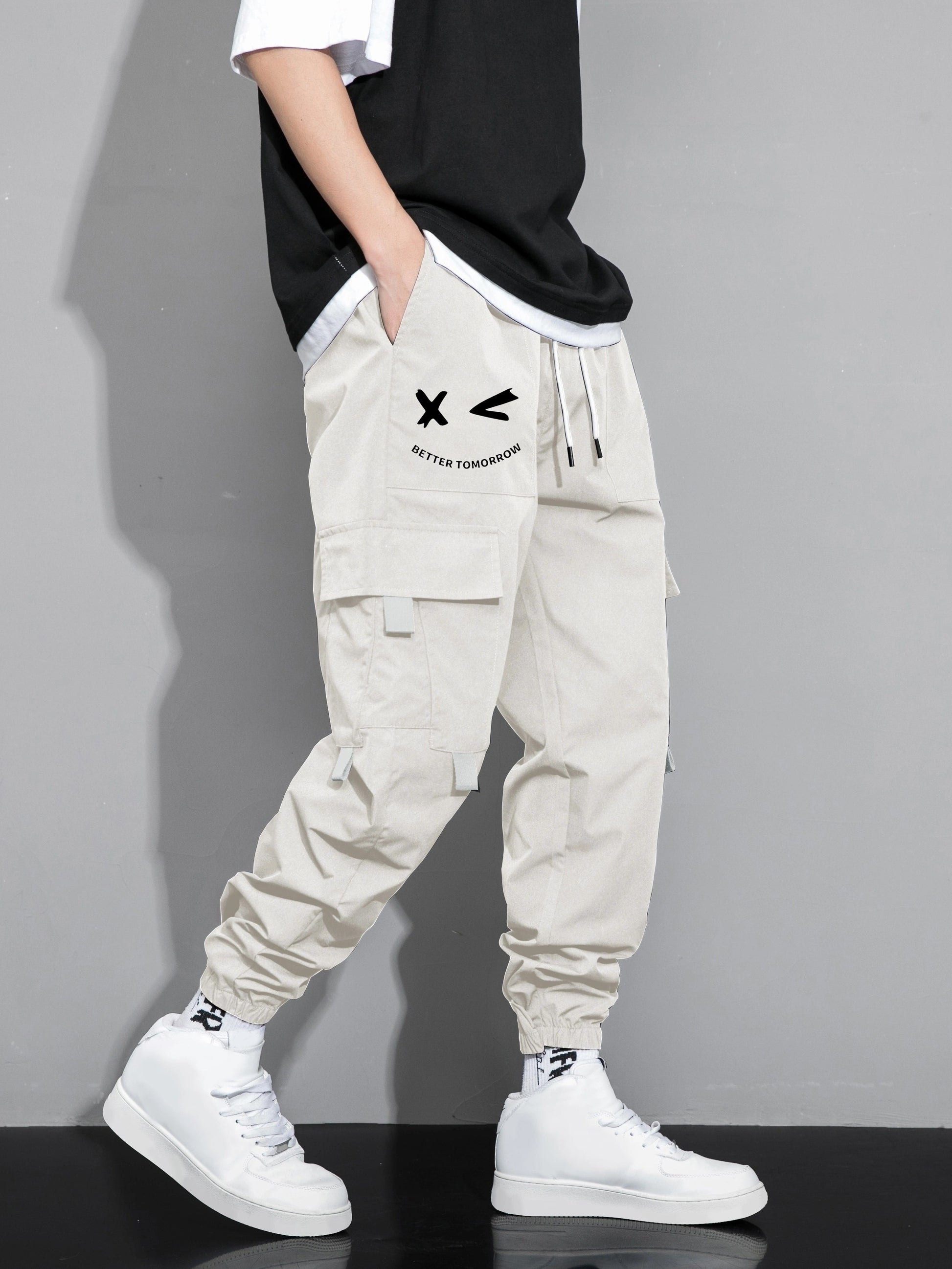 Mens Fashion-Forward Solid Cargo Pants - Abundant Flap Pockets, Loose Fit Drawstring Trousers - Durable Outdoor Work to Streetwear Hip Hop Style - Snug & Style
