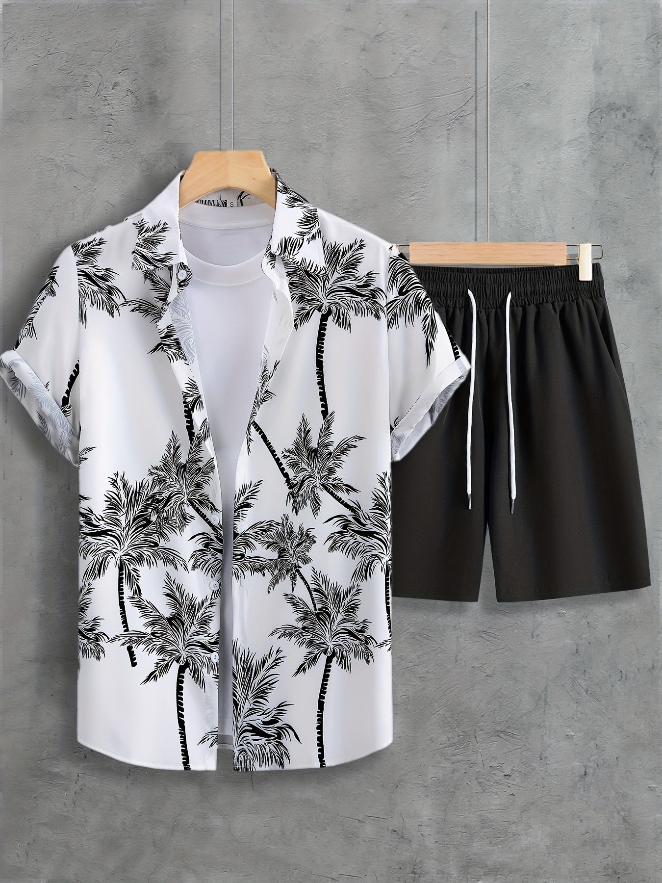 Coconut Tree Print, Men's 2Pcs Outfits, Casual Camp Collar Lapel Button Up Short Sleeve Shirts Hawaii Shirt And Drawstring Shorts Set For Summer, Men's Clothing - Snug & Style