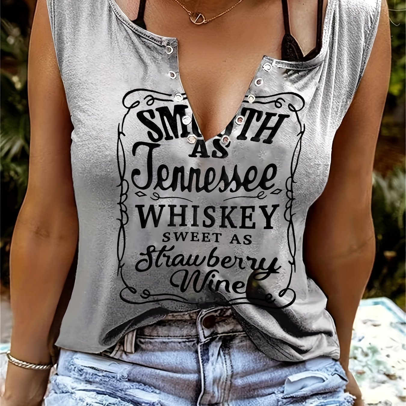 Smooth As Tennessee Whiskey, Sweet As Strawberry Wine" Women's Sleeveless V-Neck Tank Top - Casual, Machine Washable, Polyester Blend with Ring Detail - Perfect for Country Music Nights, Country Music T Shirts - Snug & Style
