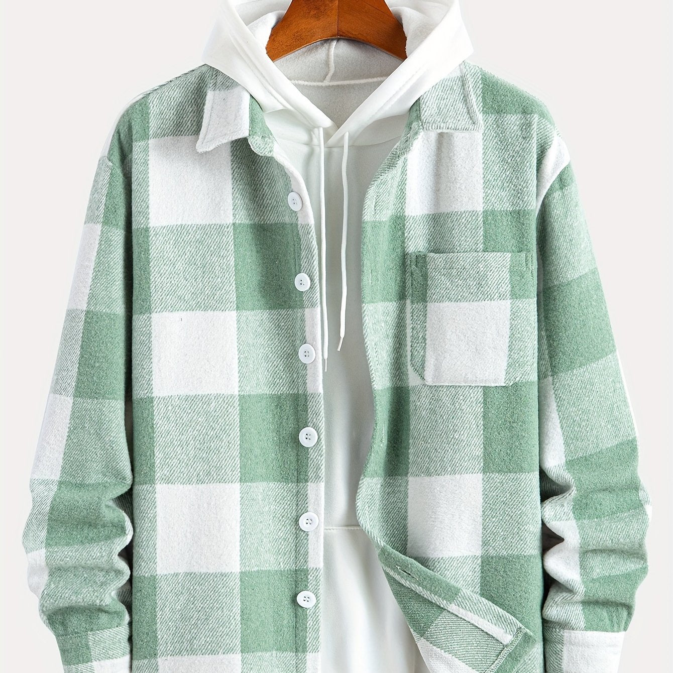 Mens Fashion-Forward Checkered Fleece Jacket - Cozy, Casual & Convenient with Pockets, Long Sleeve Button-Up Design for Outdoor Exploration - Snug & Style