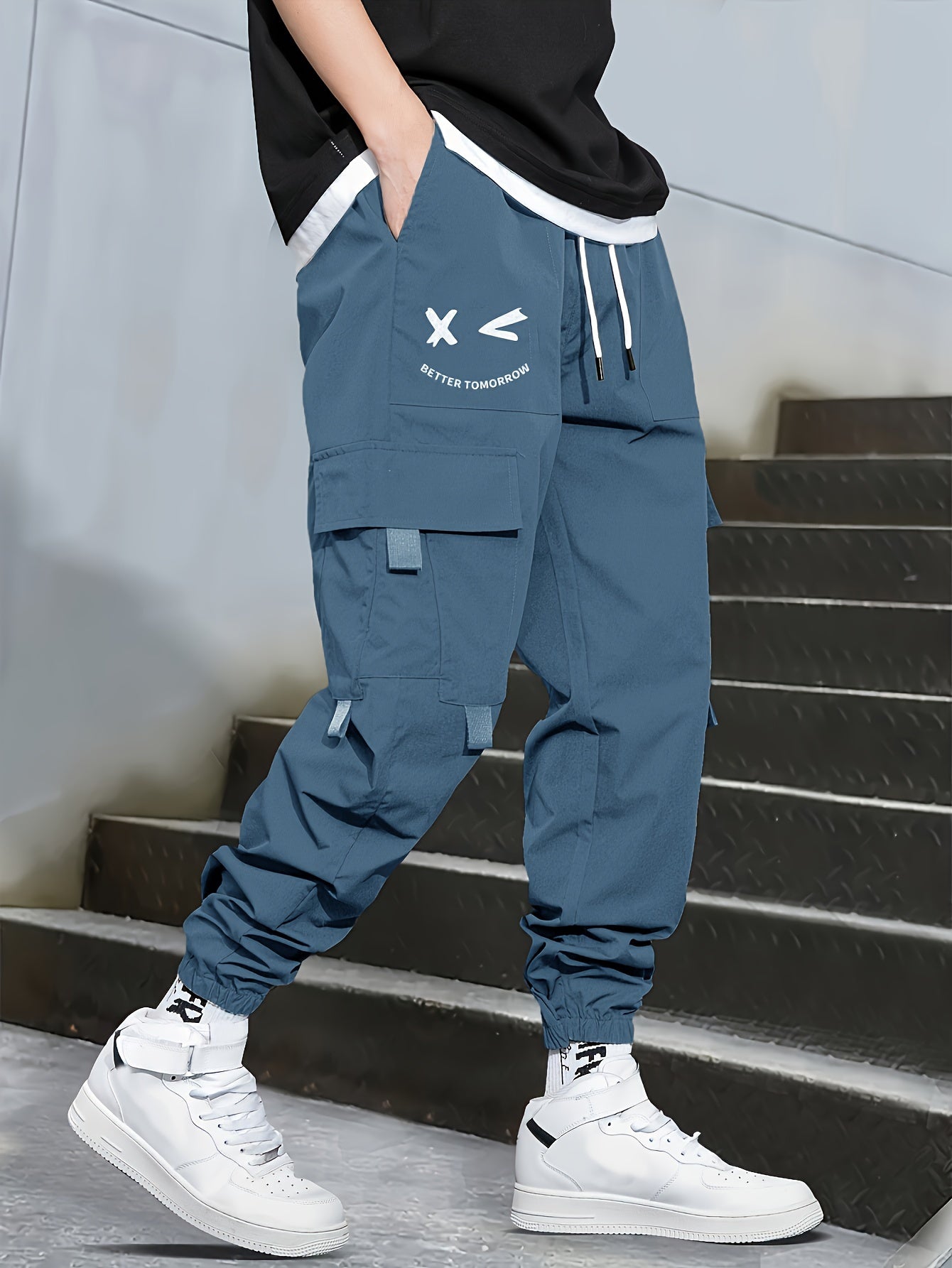 Mens Fashion-Forward Solid Cargo Pants - Abundant Flap Pockets, Loose Fit Drawstring Trousers - Durable Outdoor Work to Streetwear Hip Hop Style - Snug & Style